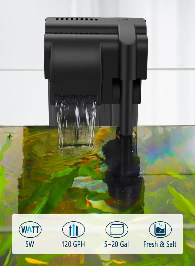 fishkeeper 5W 120GPH Ultra-Quiet Hang On Back Aquarium Filter, <28dB Whisper 4-Stage Biochemical Fish Tank Filter with Waterfall Oxygenation for 5-20Gal Fresh/Saltwater Tanks, w/Two Free Cartridges - Image 2